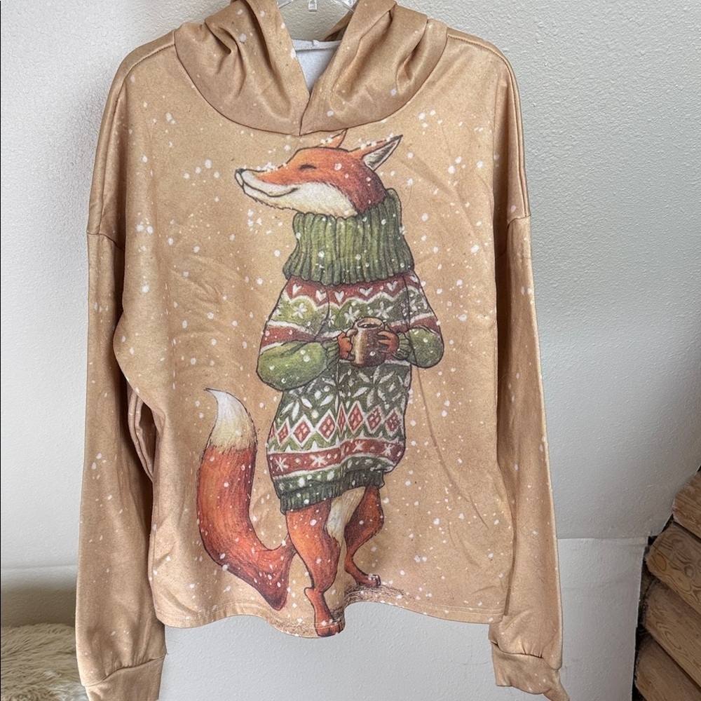 FOX Hoodie. Cute graphic of Fox drinking a hot beverage!  Size 2XL